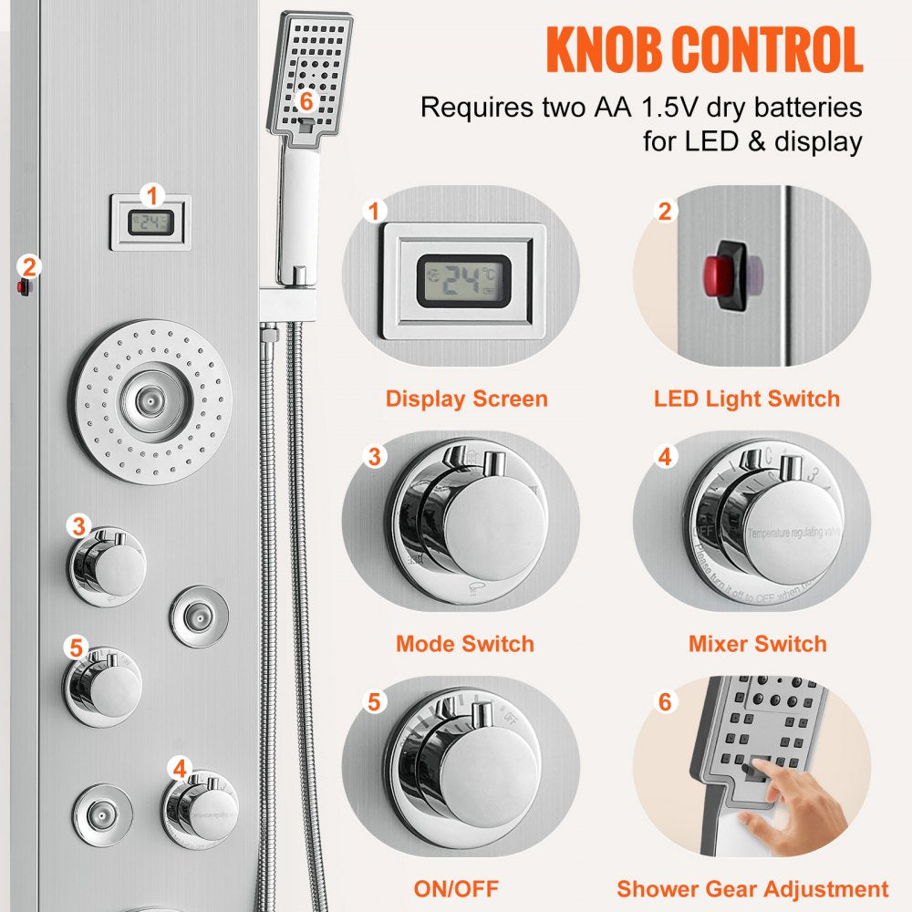 Stainless steel LED shower panel tower with 6 modes, knob control, display, and switches.