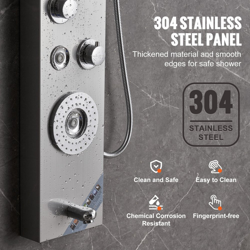 Stainless steel LED shower panel tower with 6 modes and control knobs.