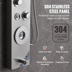 Stainless steel LED shower panel tower with 6 modes and control knobs.