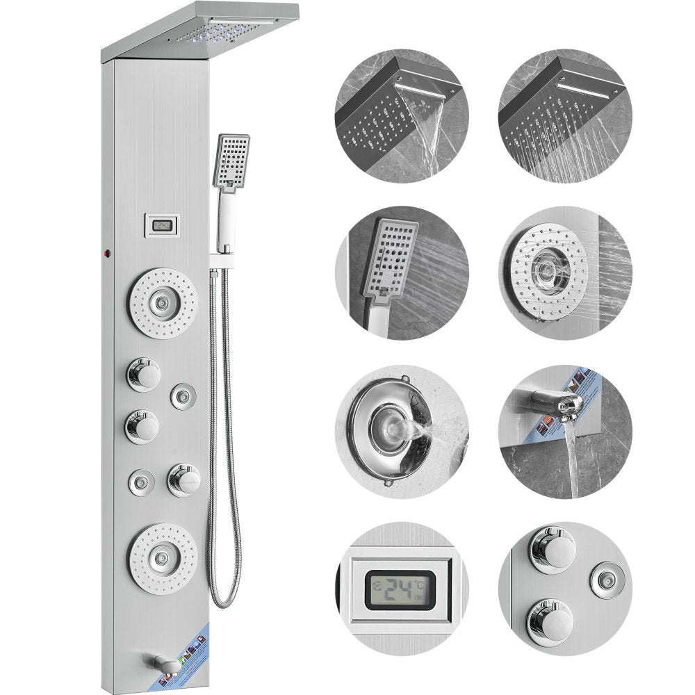 Stainless steel LED shower panel tower with 6 modes, rainfall head, and control knobs.