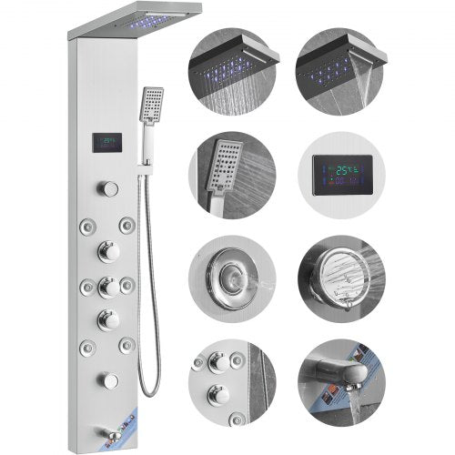 Bostome LED shower panel system with six modes, stainless steel finish, and hydro-powered lights.