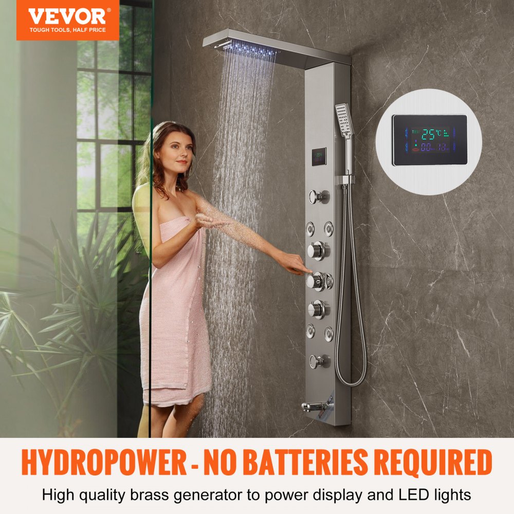 Bostome LED shower panel system with six modes including rainfall and waterfall in stainless steel.