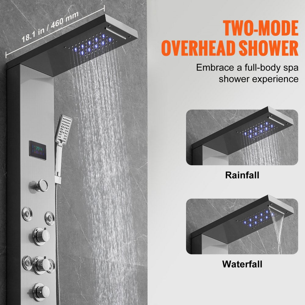 Bostome LED shower panel system with stainless steel finish and six versatile shower modes.