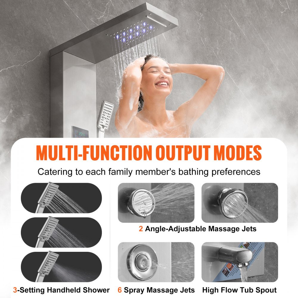 Bostome LED shower panel system with six modes including rainfall and waterfall, in stainless steel.