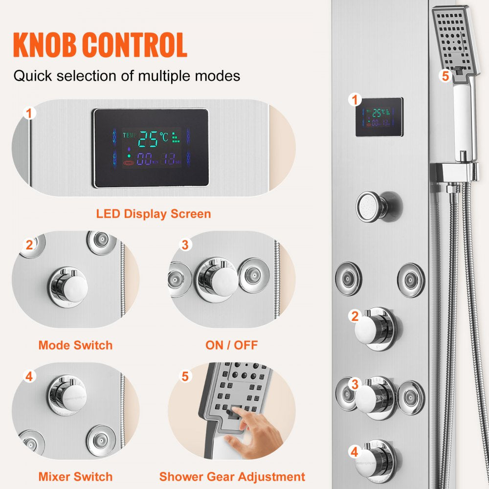Bostome LED shower panel system with stainless steel finish and six shower modes.