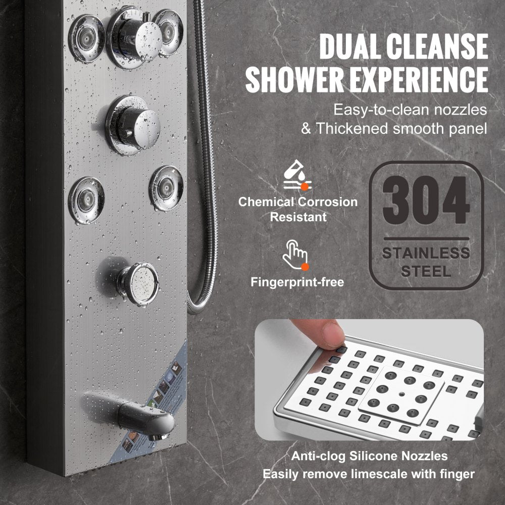 Bostome LED shower panel system with six modes, stainless steel finish, and hydro-powered lights.