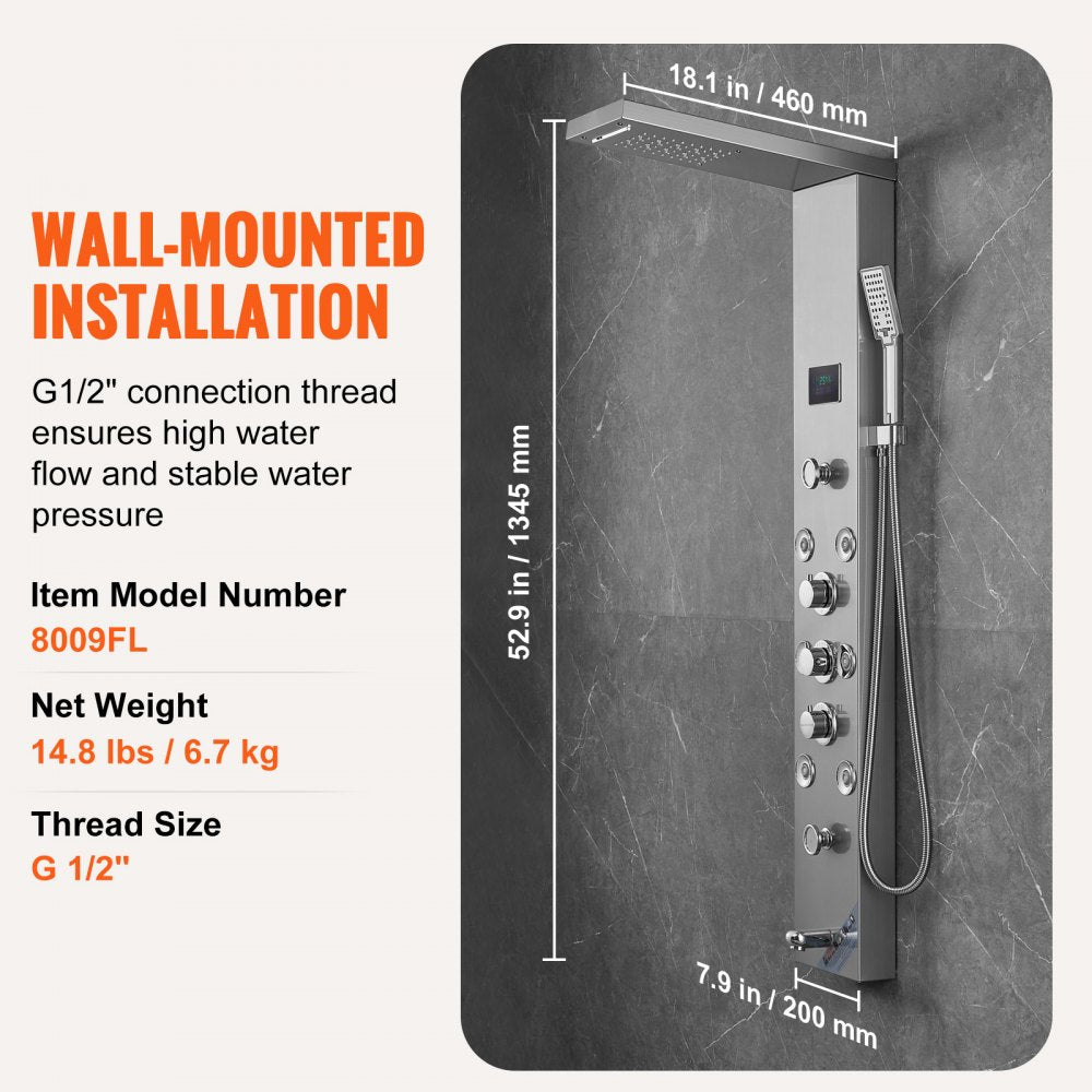 Bostome LED shower panel system with six modes including rainfall and waterfall, stainless steel finish.