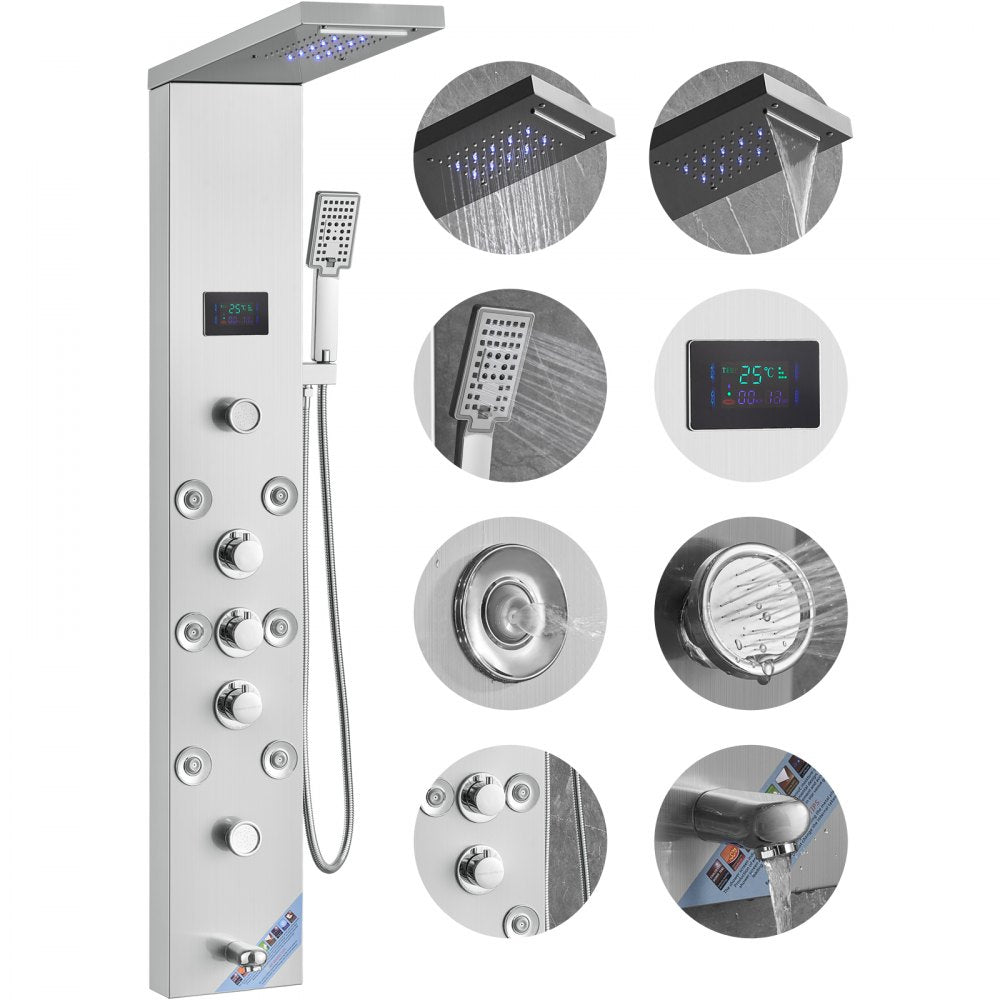 Bostome LED shower panel system in stainless steel with six shower modes and hydro-powered lights.