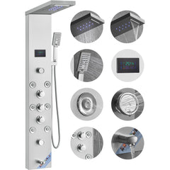 Bostome LED shower panel system in stainless steel with six shower modes and hydro-powered lights.