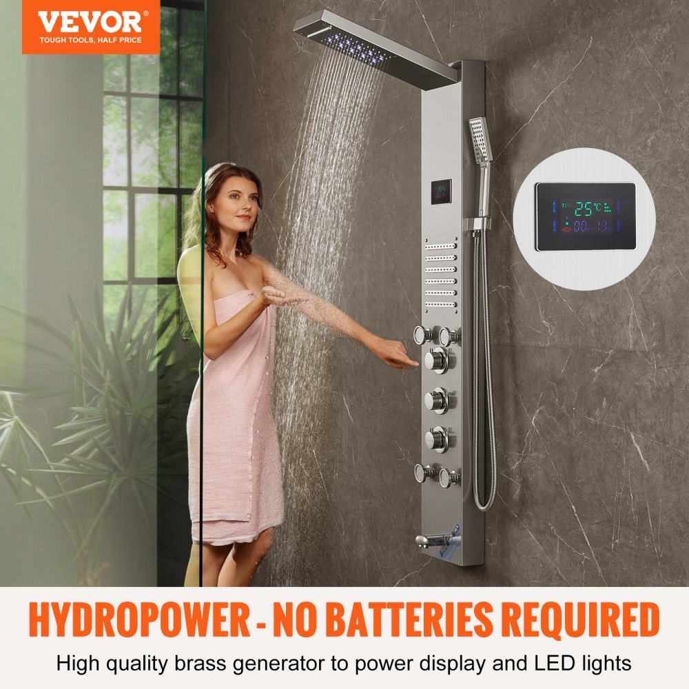 Stainless steel wall-mounted shower panel with 6 modes and LED display.