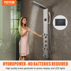 Stainless steel wall-mounted shower panel with 6 modes and LED display.