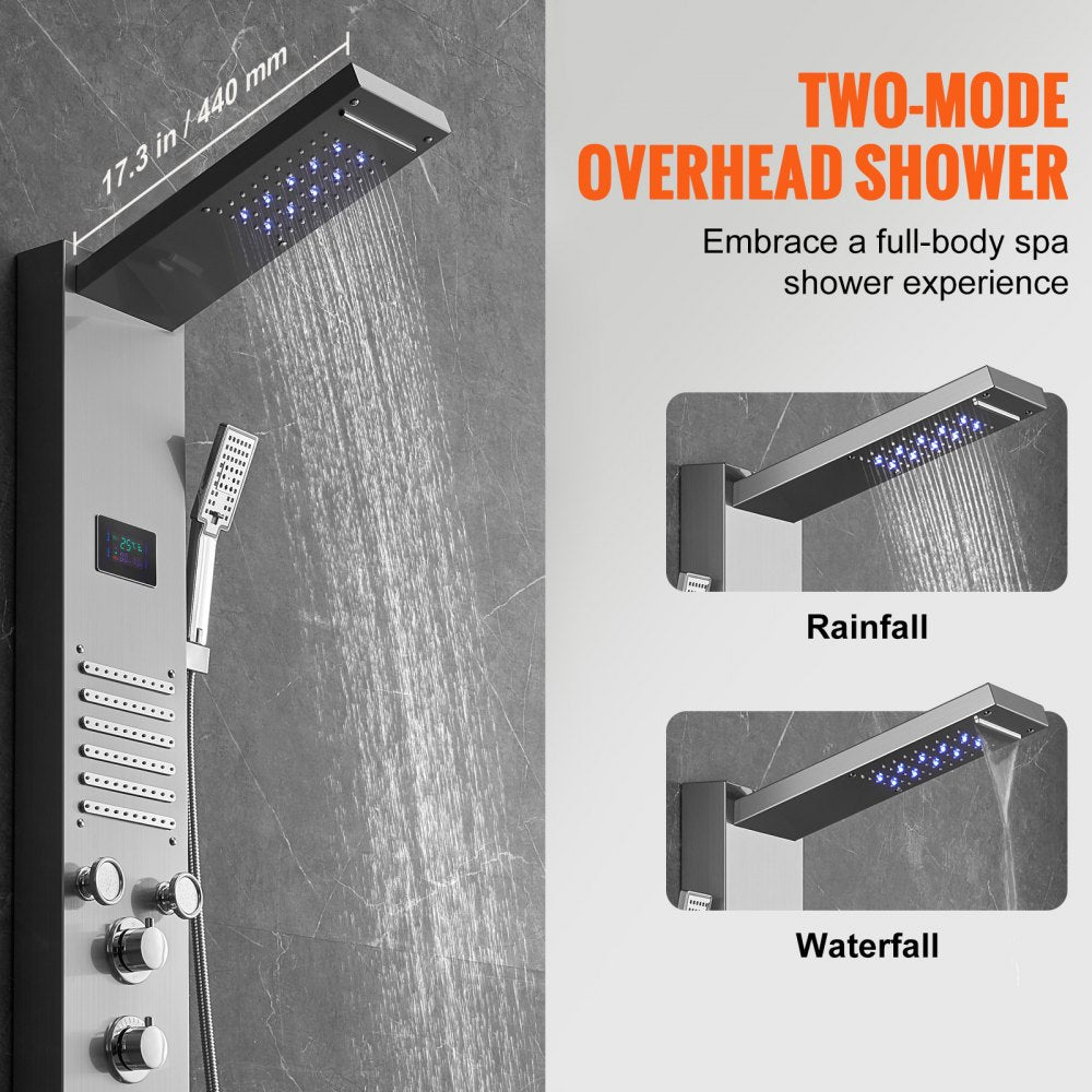 Stainless steel wall-mounted shower panel with 6 modes and LED display for customizable showers.
