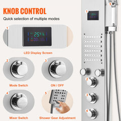 Stainless steel wall-mounted shower panel with 6 modes and LED display for customizable showers.