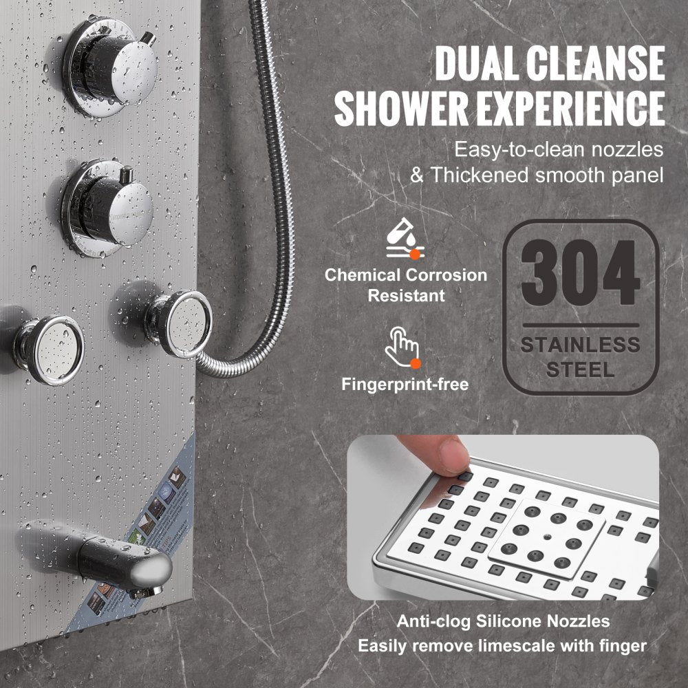 Stainless steel wall-mounted shower panel with 6 modes and LED display for customized showers.