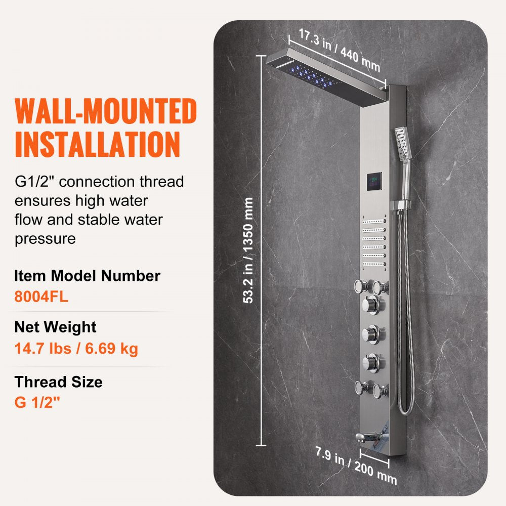 Stainless steel wall-mounted shower panel with 6 modes and LED display for a customizable experience.