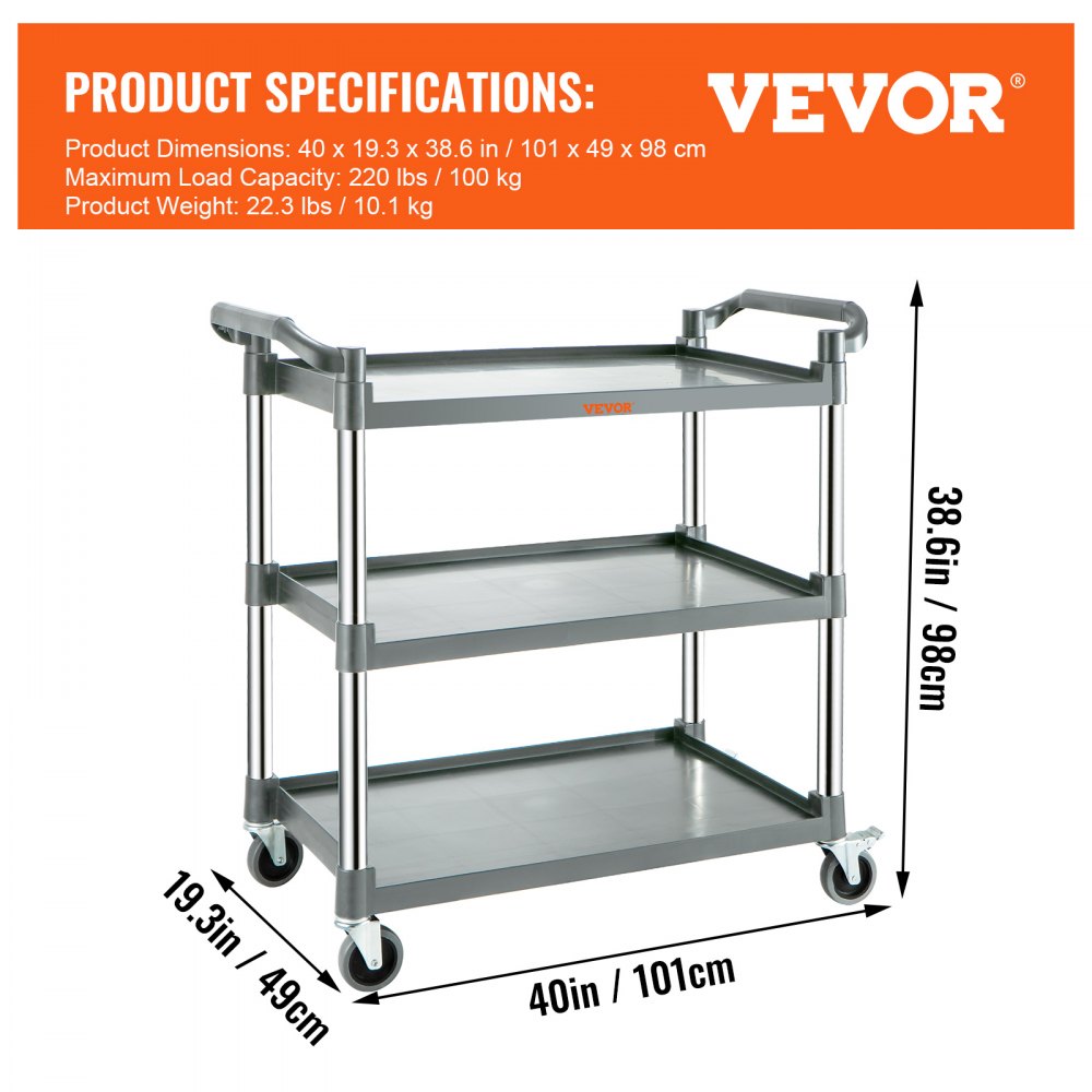 Utility Service Cart with Wheels 3-Tier Food Service Cart 220lbs Capacity