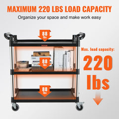 Utility Service Cart with Wheels 3-Tier Food Service Cart 220lbs Capacity