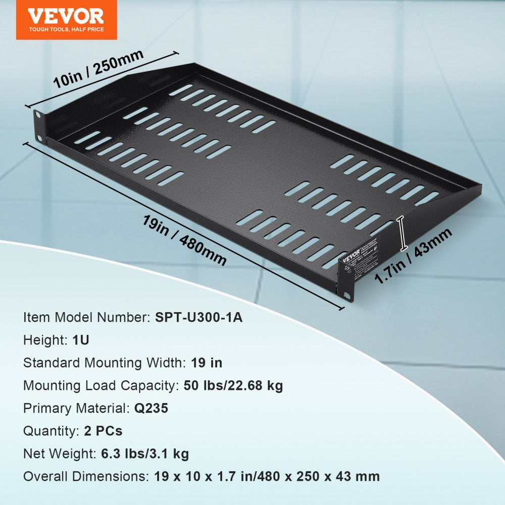 2PCS 1U Server Rack Shelf 10"/254 mm Depth Vented Rack Mount Shelf Tray