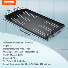2PCS 1U Server Rack Shelf 10"/254 mm Depth Vented Rack Mount Shelf Tray