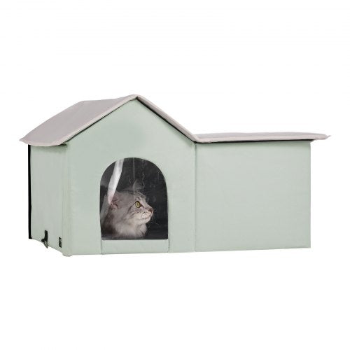 Green heated cat house with waterproof cover, removable door, and thermal insulation pad.