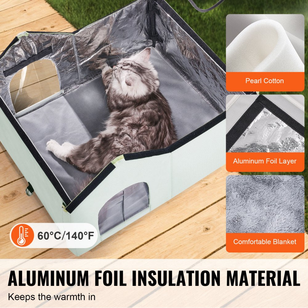 Green heated cat house with waterproof pad, dual exits, and durable outdoor shelter design.