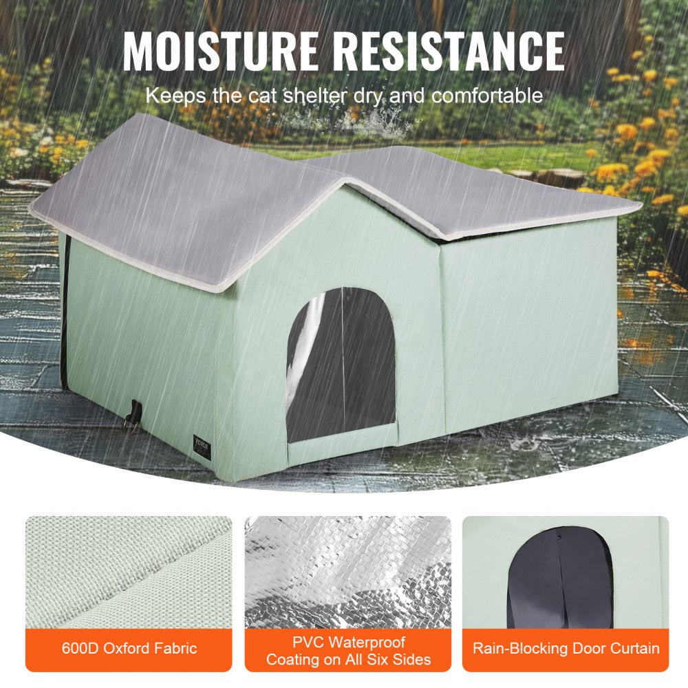 Green heated cat house with waterproof pad, dual exits, and thermal insulation for outdoor use.