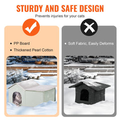 Green heated cat house with waterproof fabric, removable door, and thermal insulation pad.