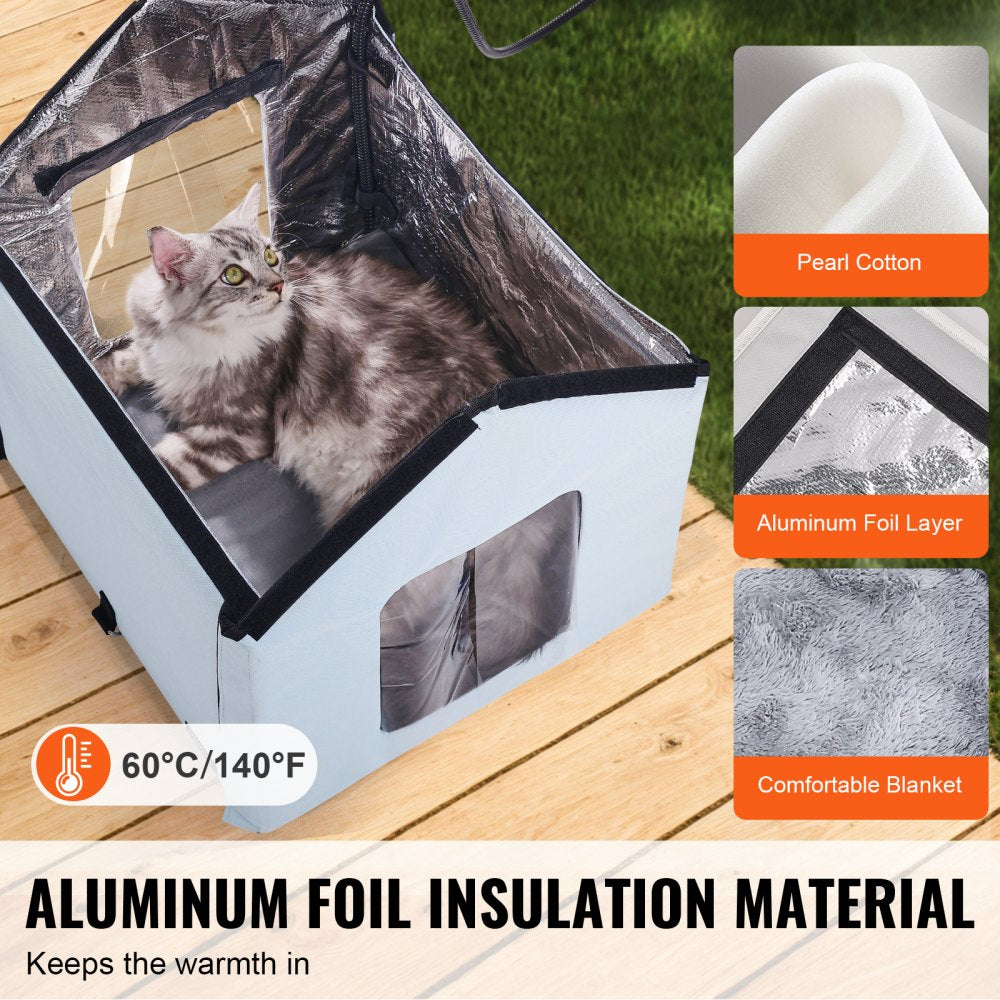 Blue heated cat house with waterproof fabric, thermal insulation, and dual exits for outdoor use.