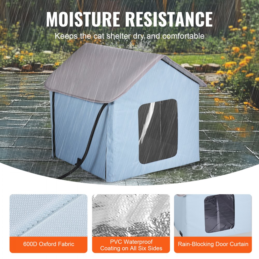 Blue heated cat house with waterproof design, thermal insulation, and dual exits for comfort.