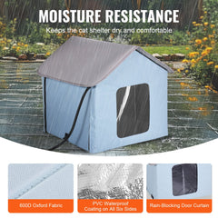 Blue heated cat house with waterproof design, thermal insulation, and dual exits for comfort.