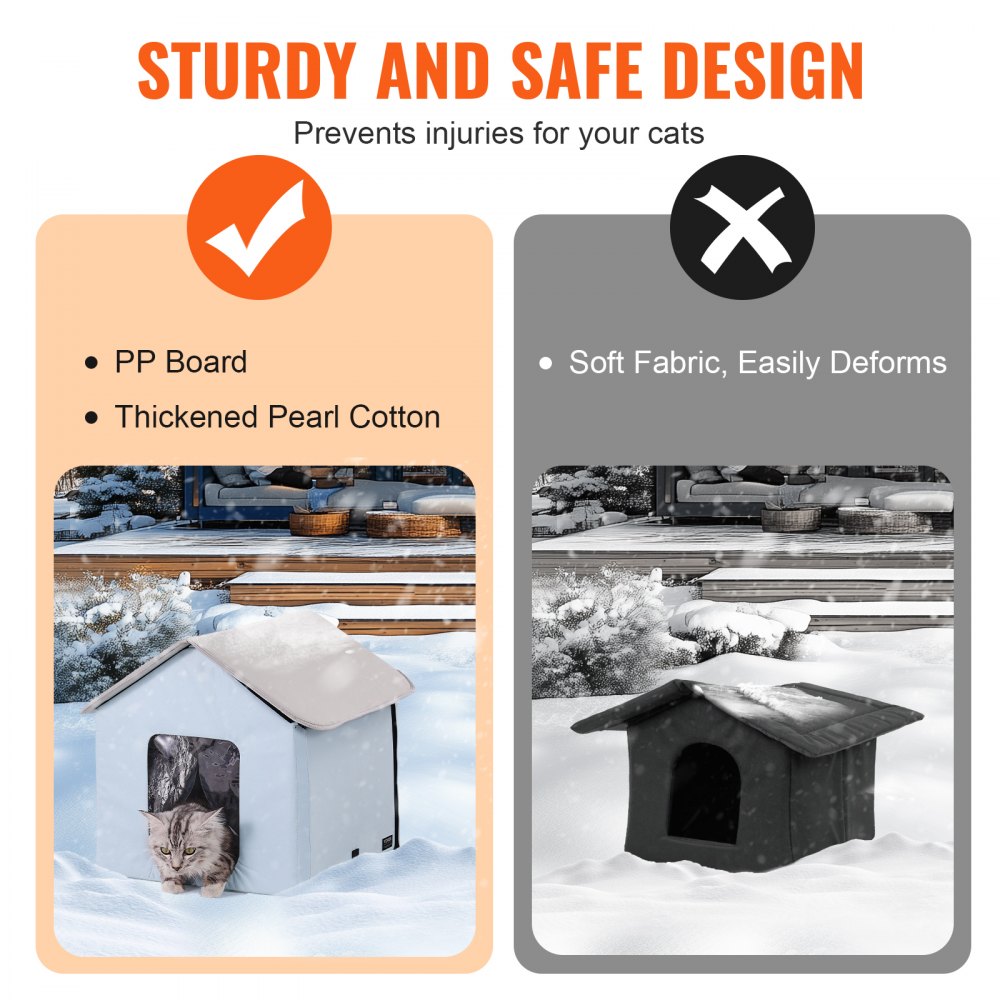 Blue heated cat house with dual exits, waterproof fabric, and removable door for outdoor use.
