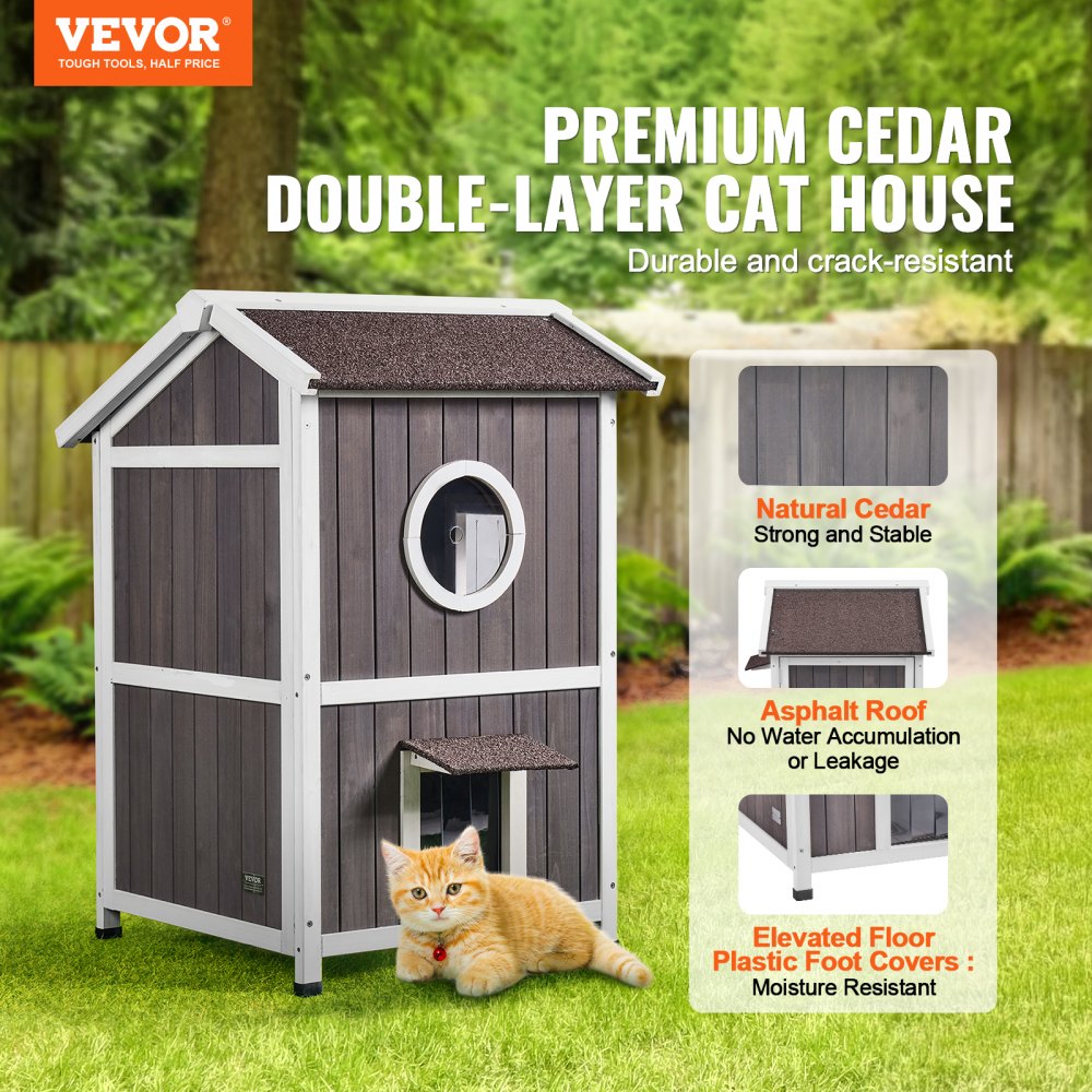 Two-story cedar wood outdoor cat house with a triangular roof and large double doors.