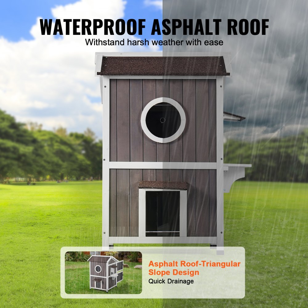 Two-story outdoor cat house made of cedar wood with a triangular asphalt roof and acrylic window.
