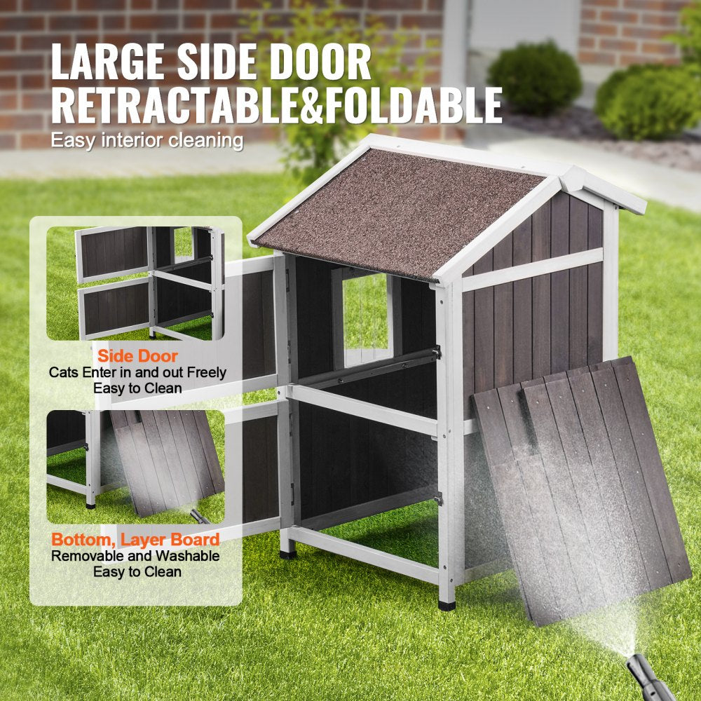 Two-story cedar wood cat house with a triangular roof and large double-sided doors.