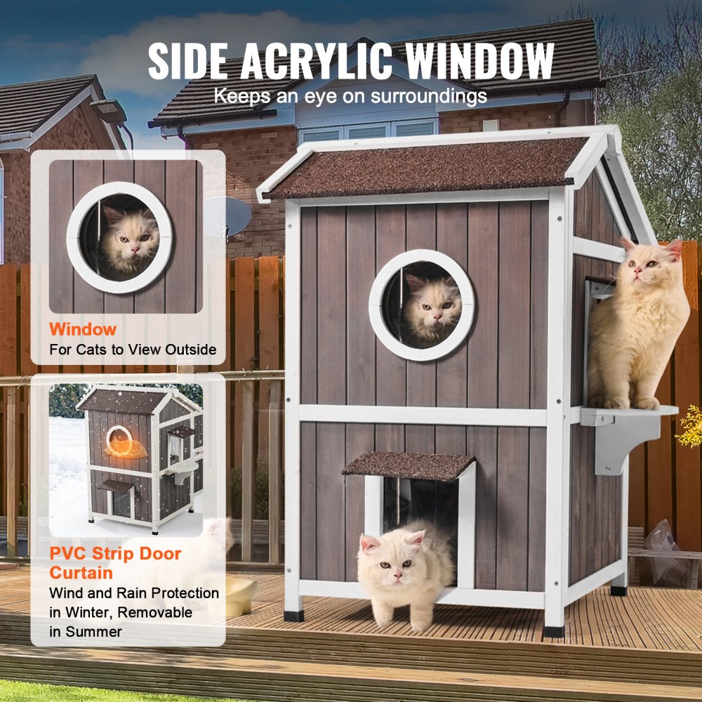 2-story outdoor cat house made of cedar wood with a triangular asphalt roof and large doors.