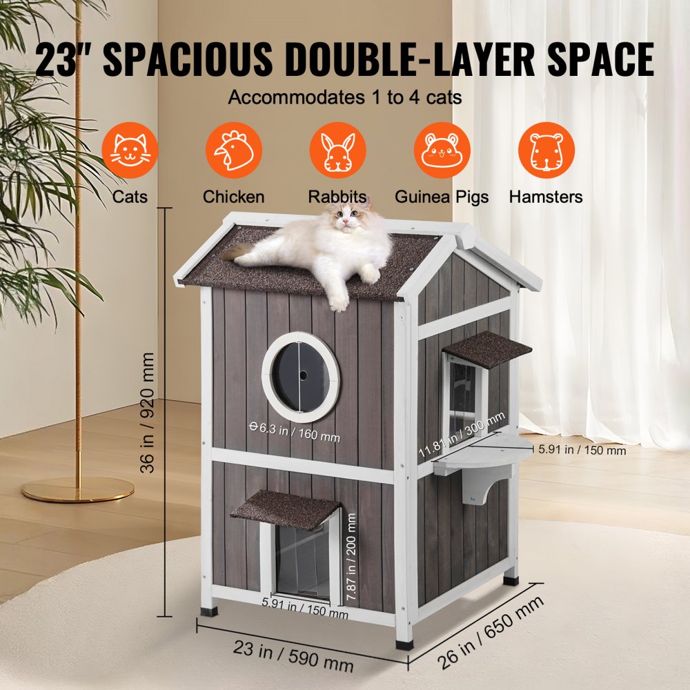 Two-story cedar wood cat house with a triangular roof and large double-sided doors.
