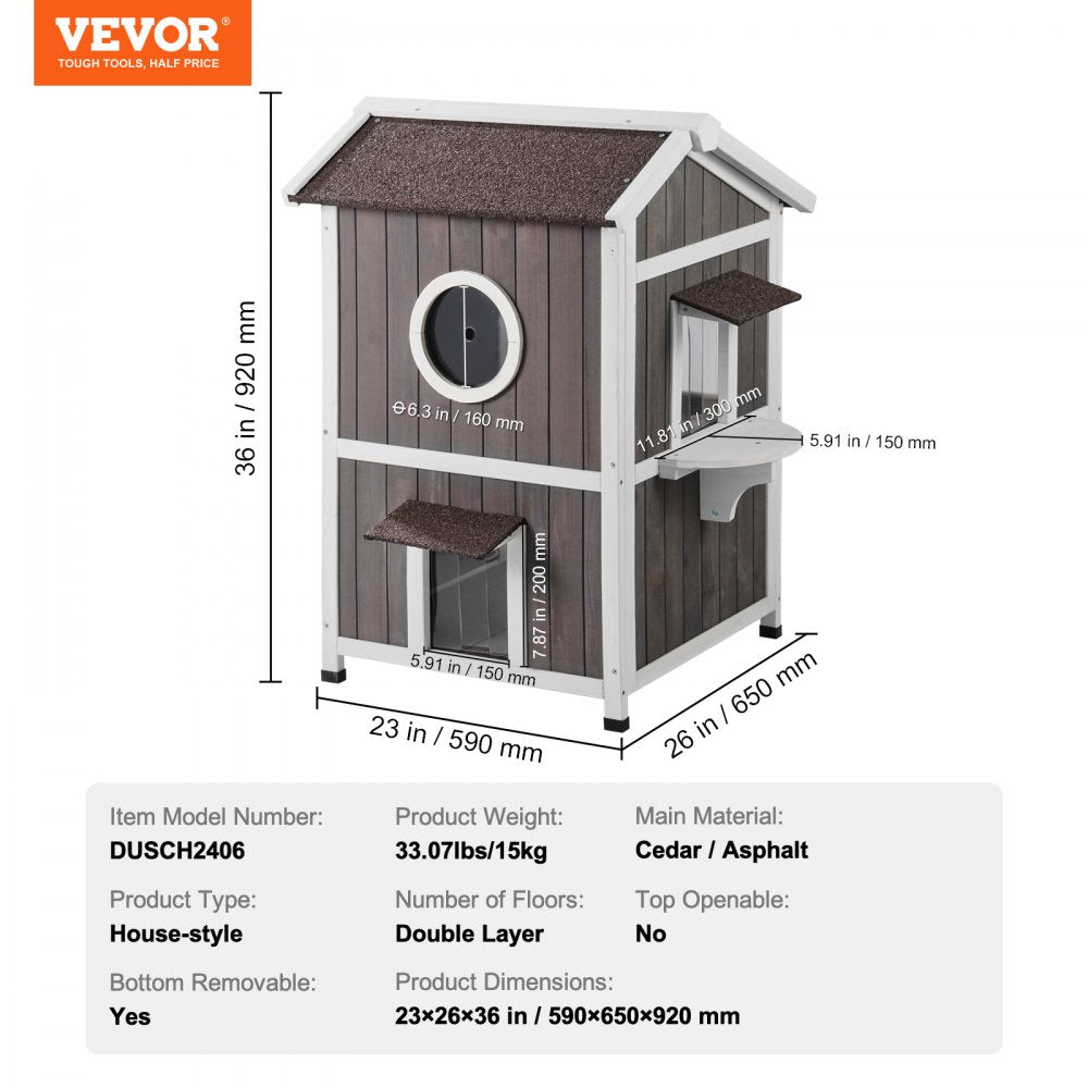 Two-story cedar wood cat house with a triangular asphalt roof and large double doors.
