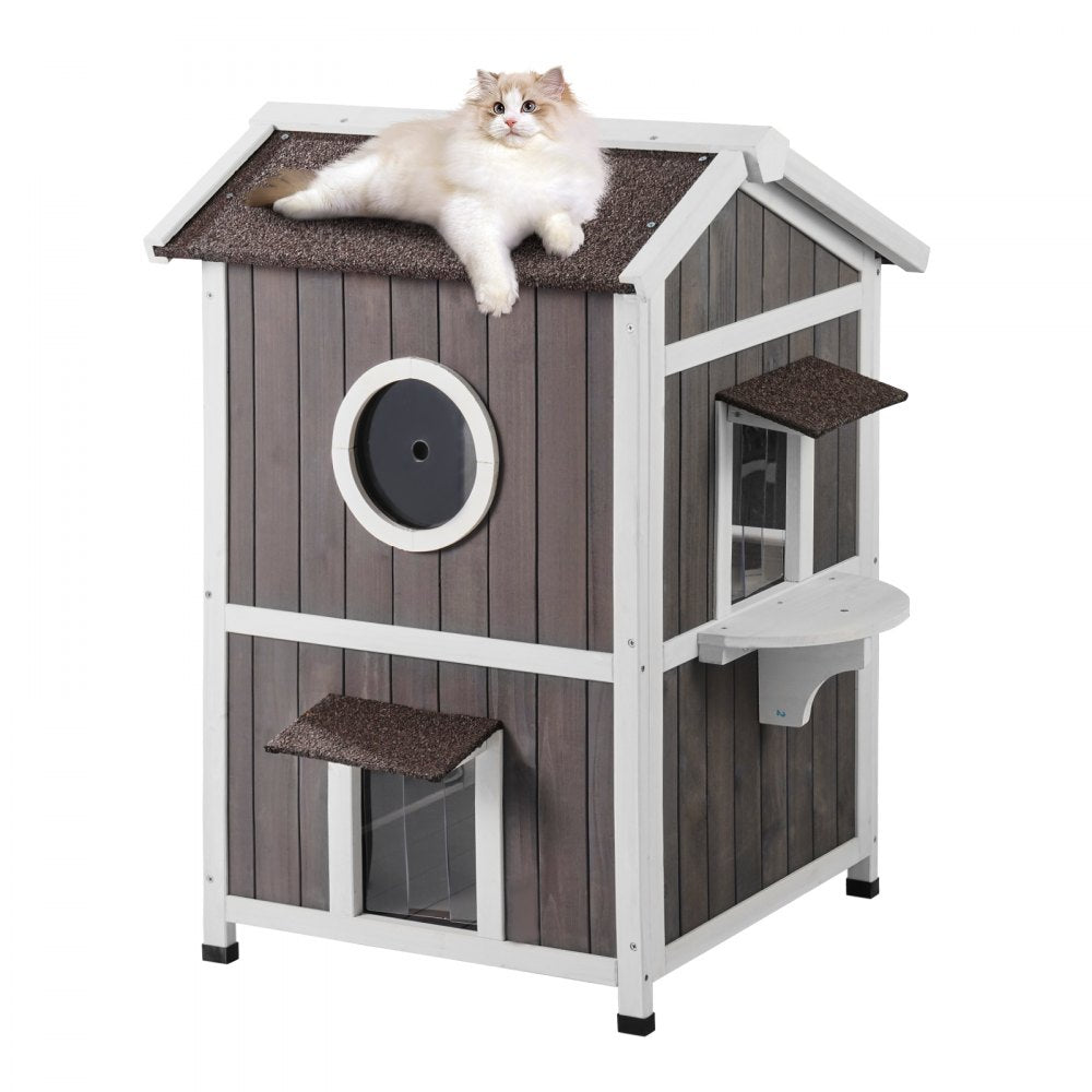 Two-story cedar wood outdoor cat house with large doors and a waterproof roof.