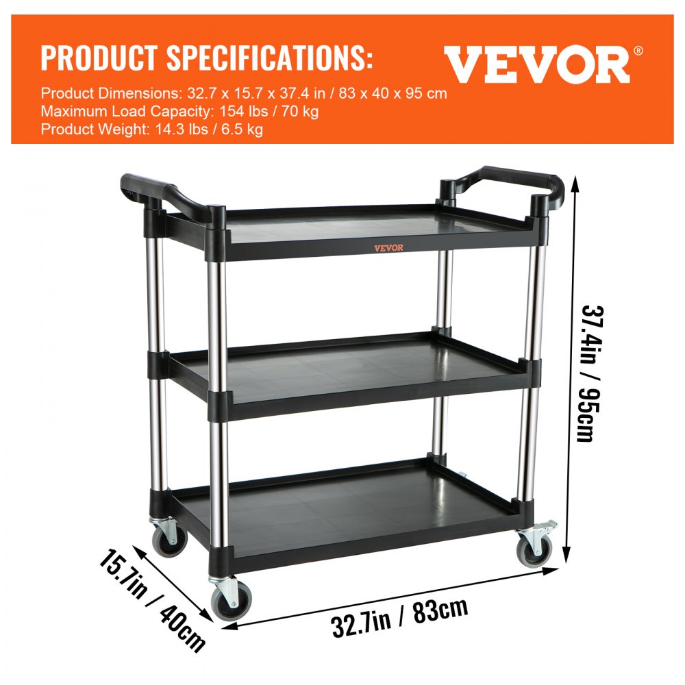 Utility Service Cart, 3 Shelf Heavy Duty 154LBS Food Service Cart, Rolling Utility Cart with Lockable Wheels, 32.7" x 15.7" x 37.4" Plastic Utility Cart for Kitchen Office Restaurant Home, Black