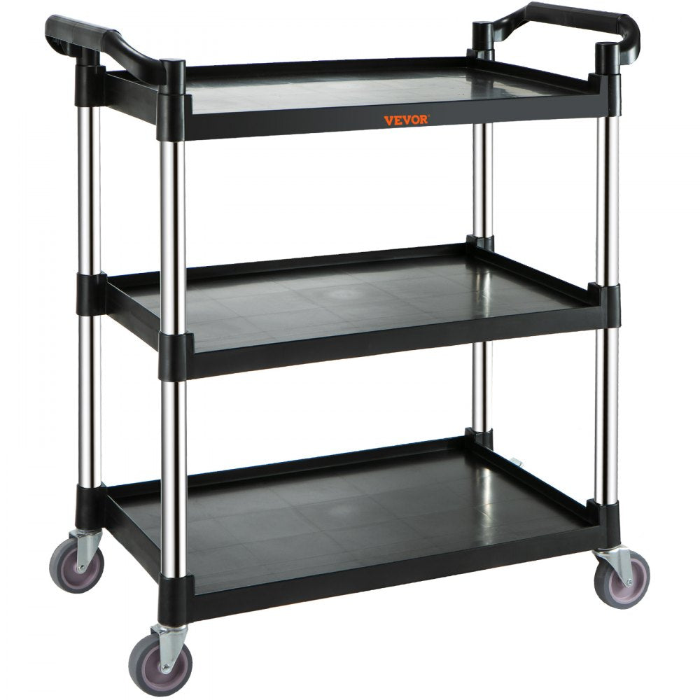 Utility Service Cart, 3 Shelf Heavy Duty 154LBS Food Service Cart, Rolling Utility Cart with Lockable Wheels, 32.7" x 15.7" x 37.4" Plastic Utility Cart for Kitchen Office Restaurant Home, Black