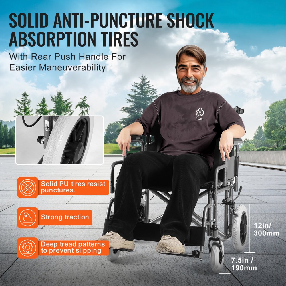 Wheelchair Steel Transport Chair Foldable Wheelchair 24-In W Seat 300lbs