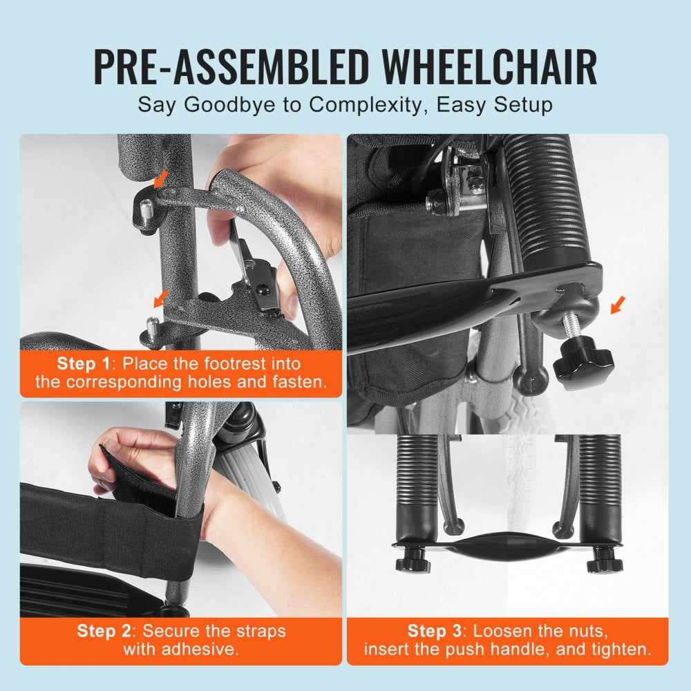 Wheelchair Steel Transport Chair Foldable Wheelchair 24-In W Seat 300lbs