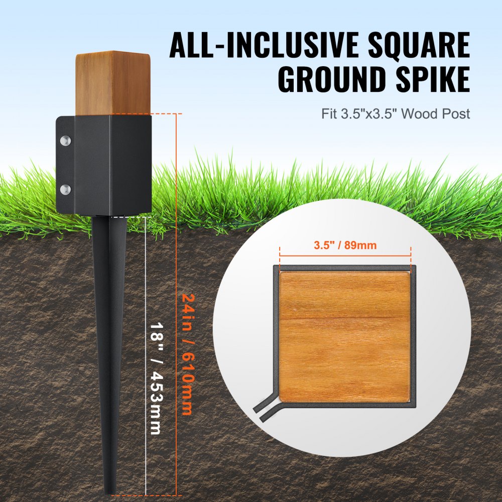 Fence Post Anchor Ground Spike, 6 Pack 24 x 4 x 4 Inches Outer Diameter (Inner Diameter 3.5 x3.5 Inches), Metal Black Powder Coated Post Stake Ground, for Mailbox Deck Garden Railing