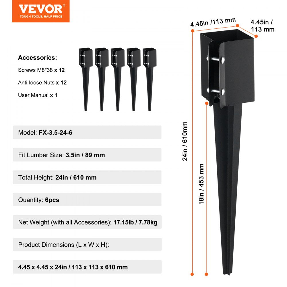 Fence Post Anchor Ground Spike, 6 Pack 24 x 4 x 4 Inches Outer Diameter (Inner Diameter 3.5 x3.5 Inches), Metal Black Powder Coated Post Stake Ground, for Mailbox Deck Garden Railing