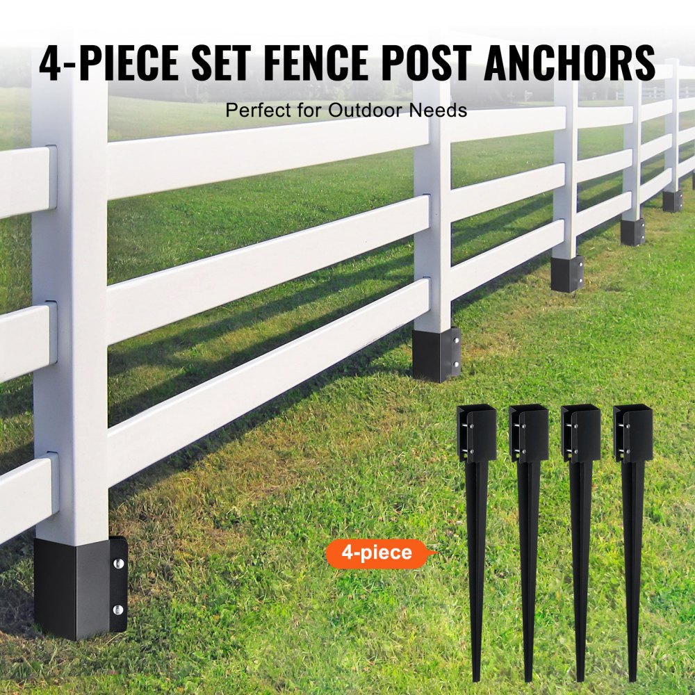 Fence Post Anchor Ground Spike, 4 Pack 36 x 4 x 4 Inches Outer Diameter (Inner Diameter 3.5 x3.5 Inches), Metal Black Powder Coated Post Stake Ground, for Mailbox Deck Garden Railing