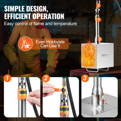 Stainless steel portable propane forge with a single burner and 2600°F heat capacity.