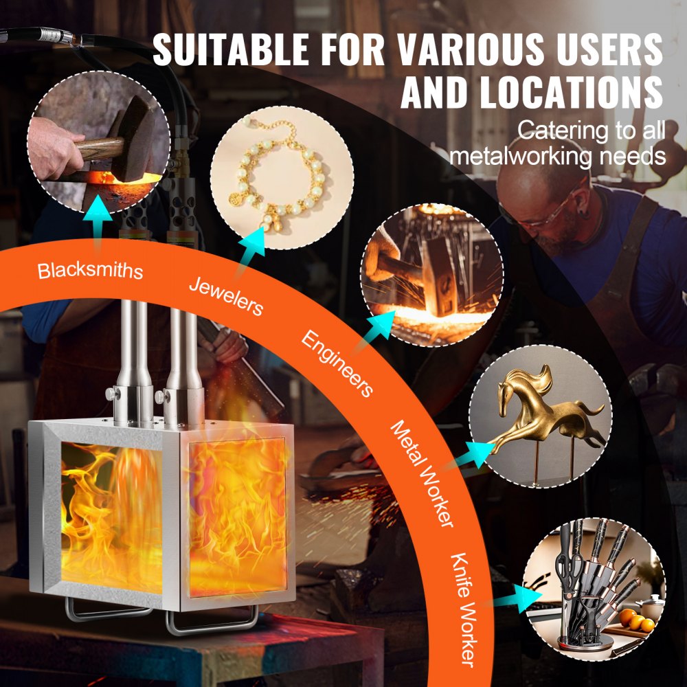 Bostome 2 burner propane forge made of stainless steel with dual burners and square design.