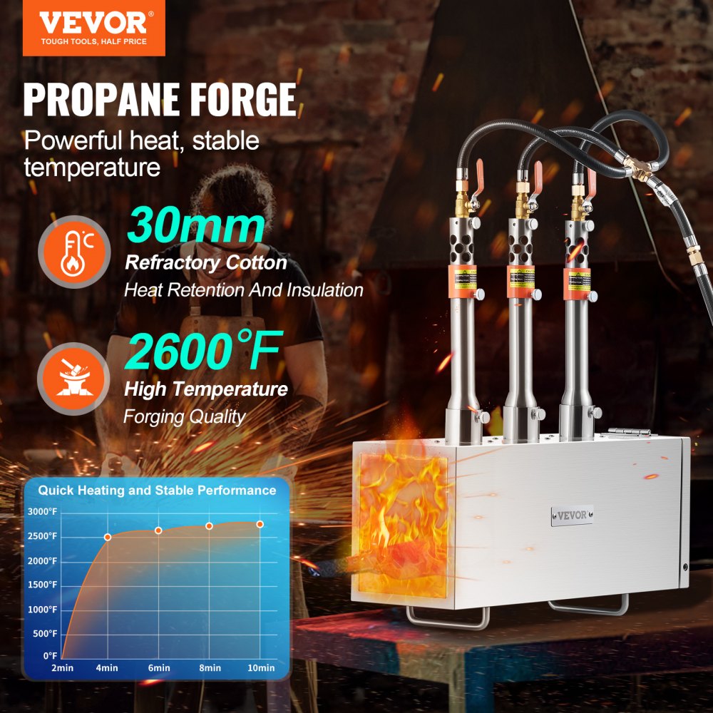 Bostome 3 burner propane forge with stainless steel construction and adjustable valves for metalwork.