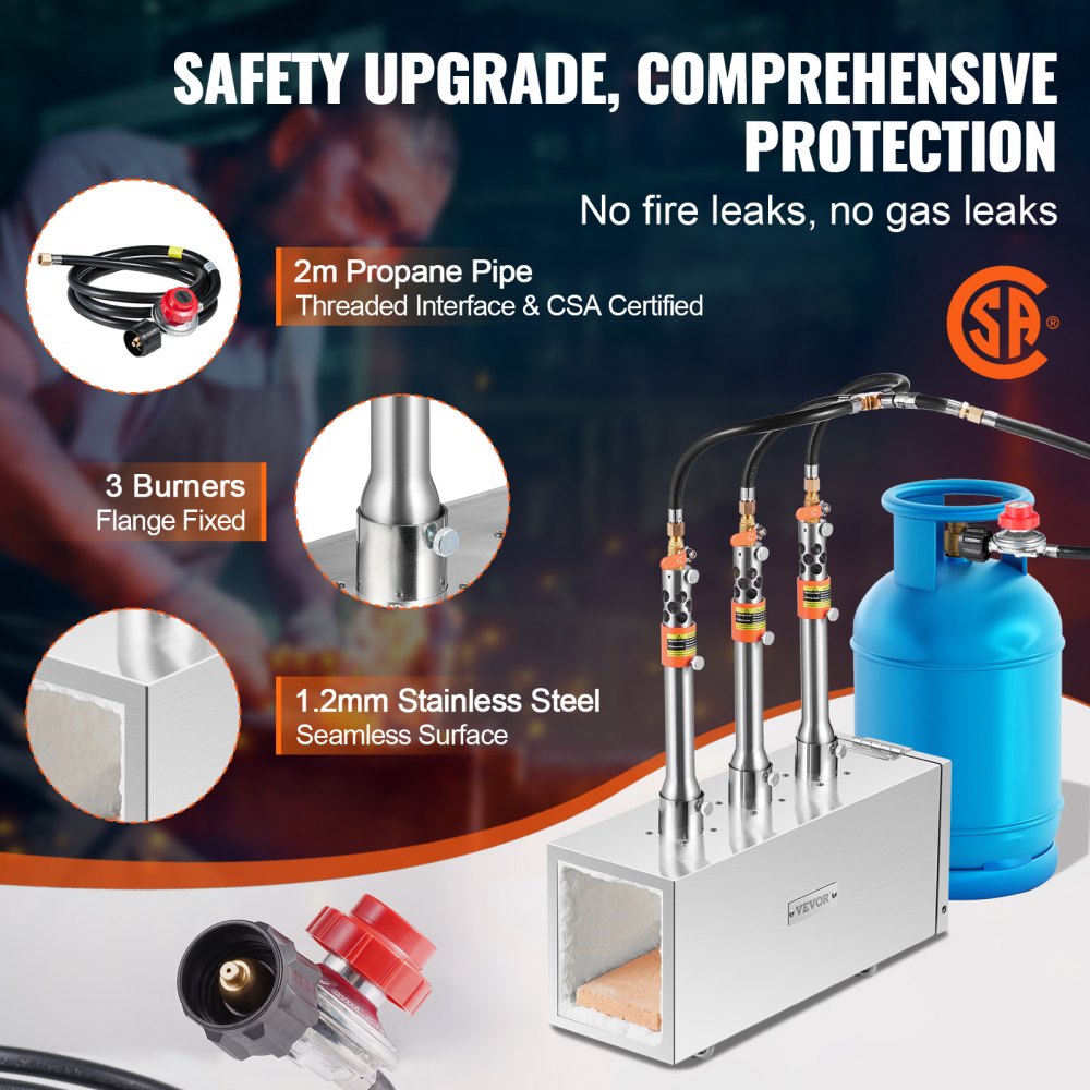 Bostome 3 burner propane forge with stainless steel body and three adjustable burners.