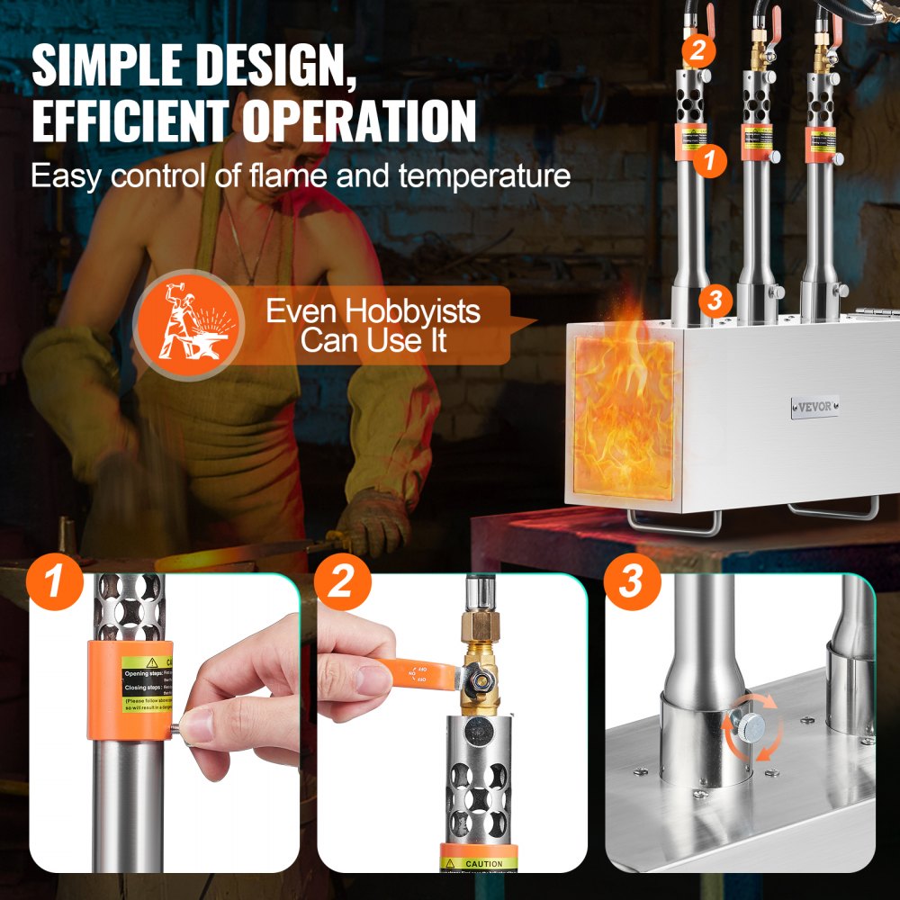 Bostome 3 Burner Propane Forge with stainless steel body and three burners for efficient metal forging.
